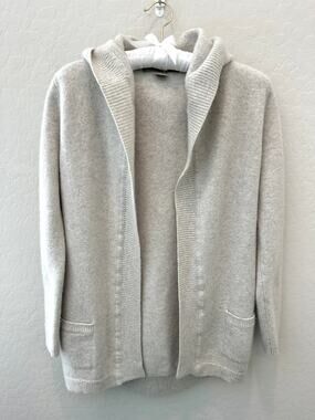 PLY CASHMERE 100% Cashmere Hooded Cardigan Open Front Gray Sweater | Small